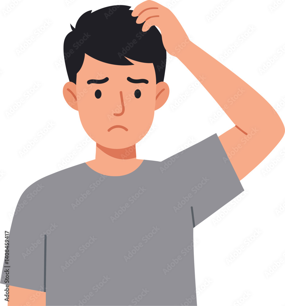 Poster young man with a concerned expression scratching his head in a flat vector illustration depicting co