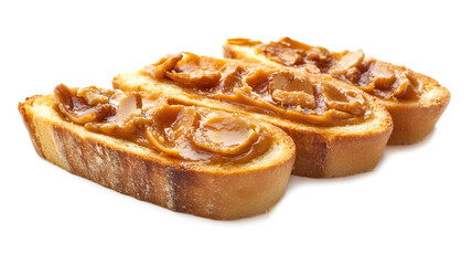 Three slices of bread with peanut butter on top. The bread is toasted, and the peanut butter is spread evenly