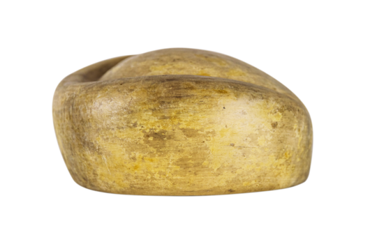 Antique millinery form for shaping pillbox hats. Vintage wooden block used in hat making. Craftsmanship, old professions, artisan work concept. Isolated on white background. Copy space