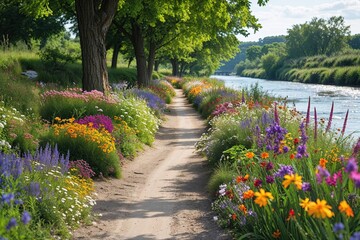 Naklejka premium Scenic Summer Riverbank Trail Adorned with Colorful Flowers in a Picturesque Landscape