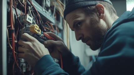 Electrician testing electrical wiring in a commercial building. Featuring technical skill and accuracy