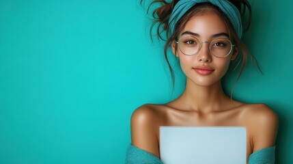 Obraz premium Fashionable Woman with Glasses Holding a Blank Sign Against a Teal Background