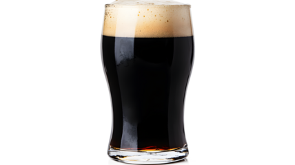 A glass of beer is full and has foam on top. The foam is white, and the beer is dark