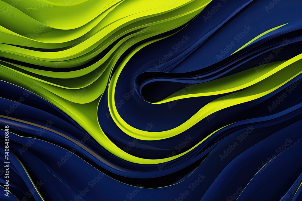 Poster Bold Graphic Design with Vivid Neon Yellow and Deep Indigo Background Featuring Smooth Flowing Streams