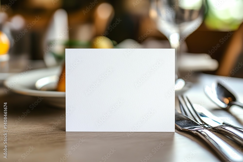 Poster blank white card on a table setting with silverware and blurred background in a restaurant scene at 