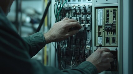 Electrician upgrading circuit breakers in an electrical panel. Featuring safety and skill