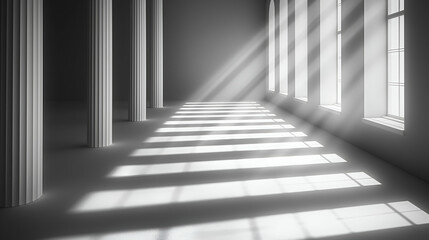 Sunlit White Columns Minimalist Hallway with Clean Architectural Lines.