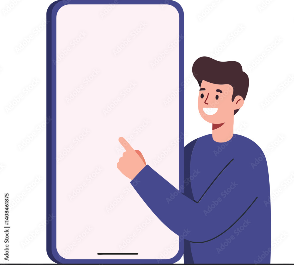Poster a young man pointing at a large smartphone in a flat and minimal design vector illustration showcasi