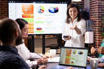 Smiling businesswoman reviewing financial charts with team in startup office. Coworkers are engaged...