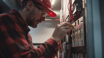 Electrician upgrading electrical panel in a basement. Featuring skill and attention to detail