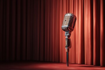 Red Curtains Comedy Stage Brick Microphone Audience Poster Background Image  
