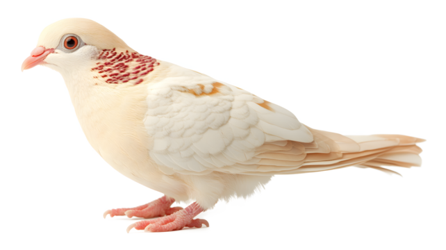 A white and brown bird with red markings on its face. The bird is standing on its hind legs and looking to the right