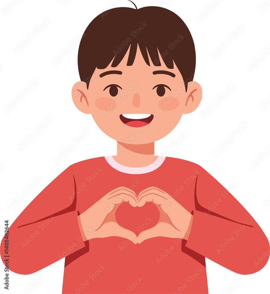 Aufkleber a cheerful boy making a heart shape with his hands in a minimal and colorful design style vector ill