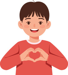 Obraz premium A cheerful boy making a heart shape with his hands in a minimal and colorful design style vector illustration
