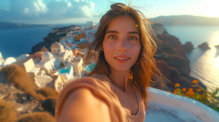 Santorini Sunset Selfie Happy Woman Traveler During Golden Hour.