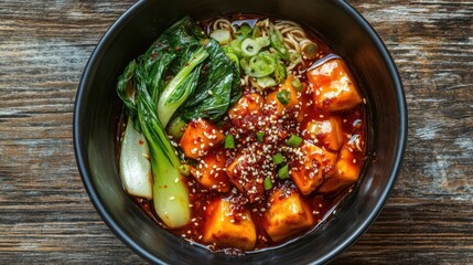 Fototapeta premium Bowl of ramen with bok choy, chili paste, and sesame