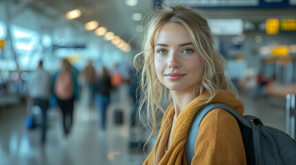 Casual Travel Portrait Happy Blonde Woman with Backpack at Airport.
