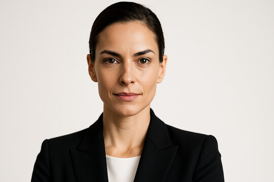  Um retrato em close-up de uma mulher profissional usando um blazer preto, parecendo s&eacute;ria e confiante.