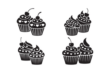 Cupcake Silhouette Set with Hearts and Cherries Sweet Bakery Icons for Cricut and Sublimation