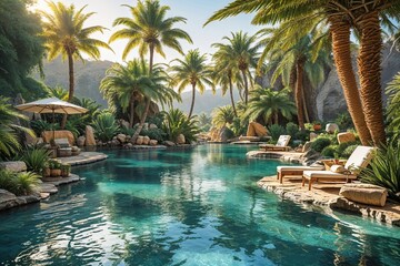 Fototapeta premium Serene Oasis Background with Palm Trees and Water for Relaxing Retreat