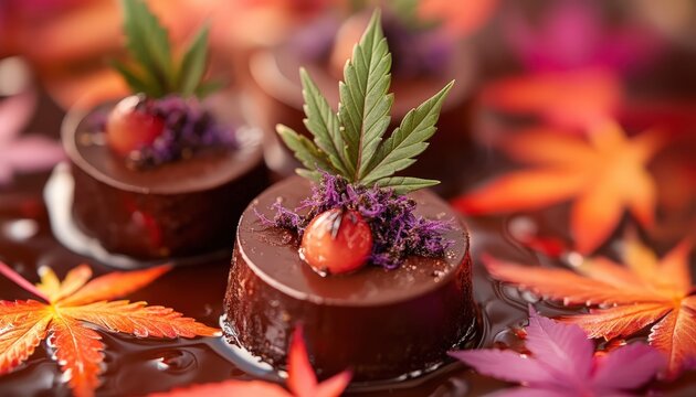Delicious chocolate desserts adorned with vibrant leaves and herbs showcased at a fall gathering in a cozy setting