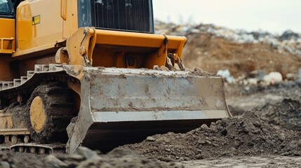 Heavy equipment operator maneuvering a bulldozer at a construction site. Featuring control and power