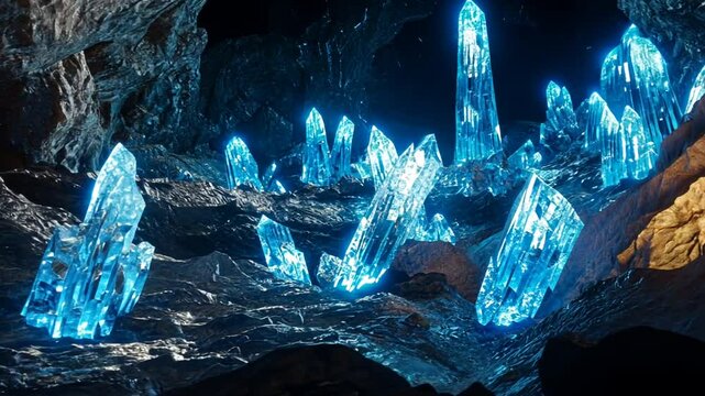 Mysterious crystal cave with glowing formations, shimmering light and dark cavern background
