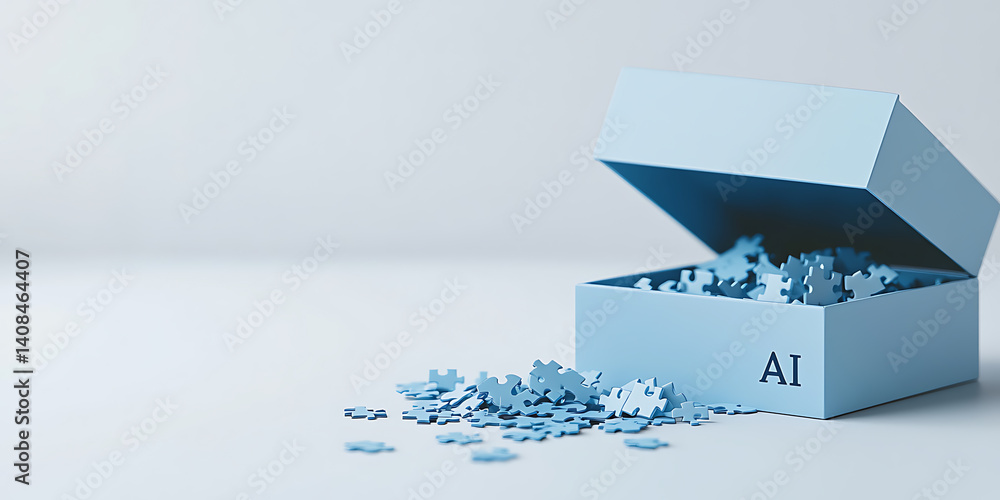 Poster ai puzzle box: an open light blue box labeled 