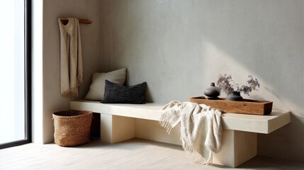 Minimalist sitting nook with wide bench and soft throws  