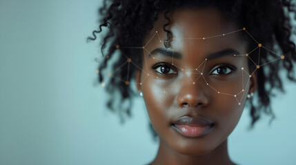 AI Portrait Woman with Face Recognition Technology and Digital Connections.