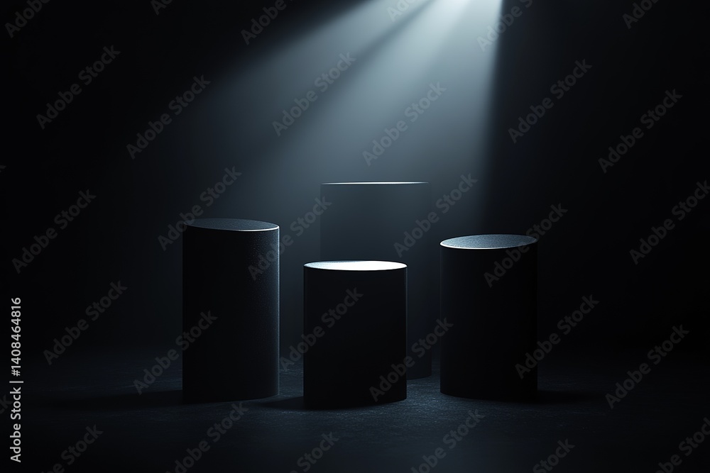 Poster three cylindrical platforms under a spotlight in a dark room with a floating rectangle shape above