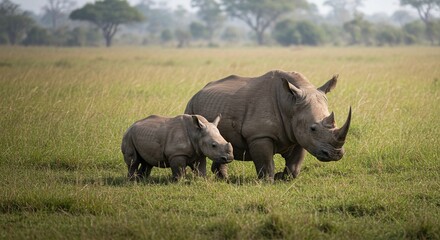 Fototapeta premium Endangered rhinos graze in the wild savannah