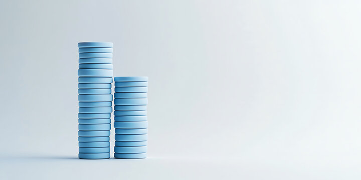 Blue Disk Stacks: Minimalist finance or growth concept. Stacked light blue disks against a clean backdrop. Visualizing increase and decrease.