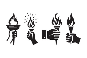 Hand Holding Torch Icon Set Flame Symbol Silhouettes for Logos and Designs