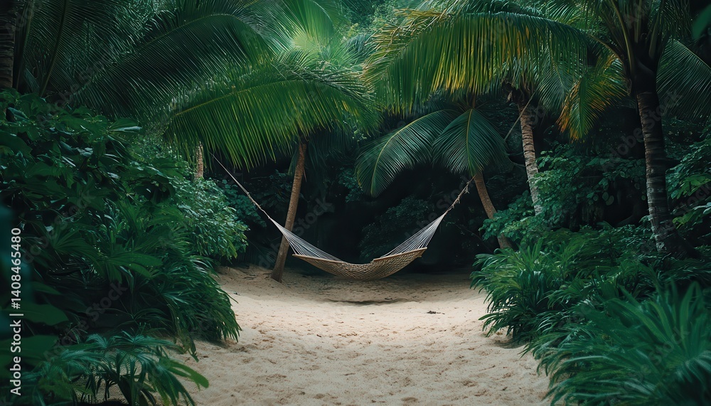 Poster relaxing in a tropical hammock surrounded by lush greenery and a beautiful ocean view in a serene lo