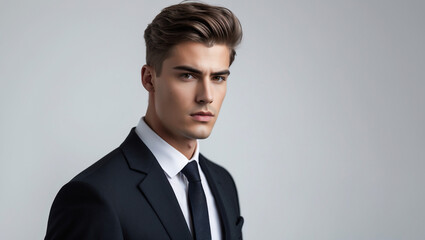  Um homem sofisticado de terno posa, projetando confiança e um olhar forte para o observador.