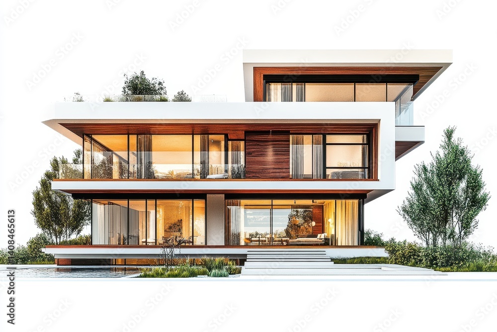Poster modern architectural design of a two-story house in a serene landscape featuring large glass windows
