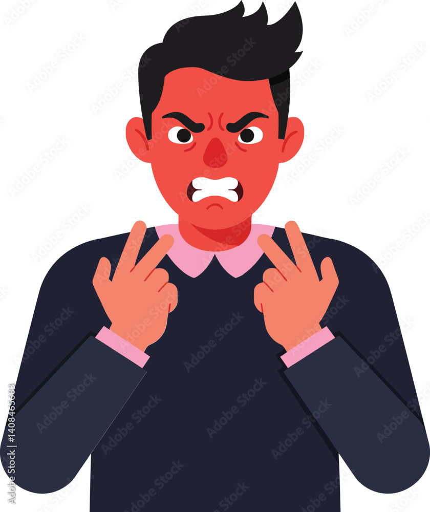 Poster angry man expressing frustration with clenched fists in a minimal flat design vector illustration