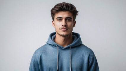 Obraz premium Um jovem com uma expressão confiante vestindo um moletom azul em um estúdio.