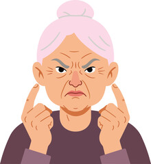 Obraz premium Angry elderly woman with a frown and raised fingers in a flat vector illustration showcasing frustration and displeasure in a minimal design style