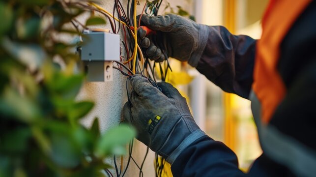 Electrician wiring an outdoor security light. Featuring technical expertise and safety