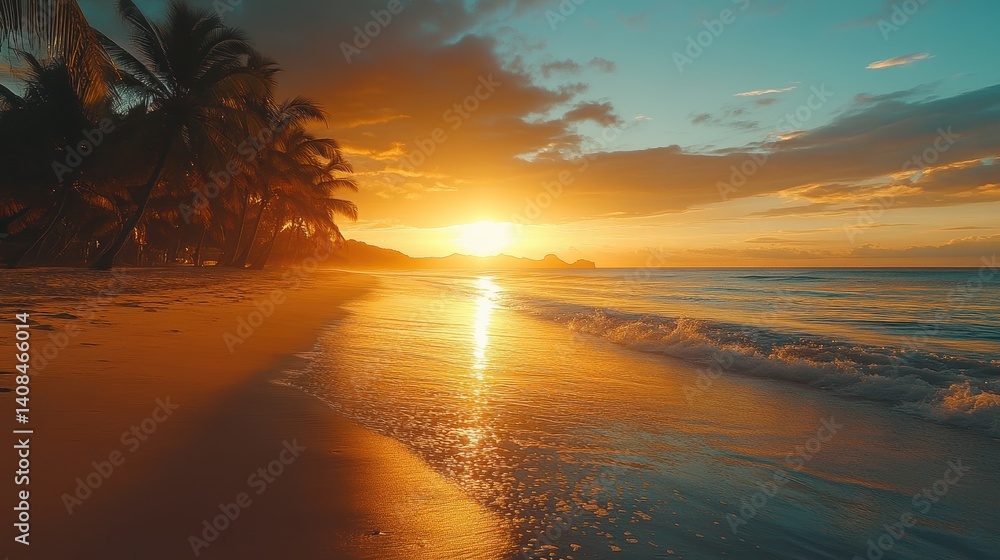 Poster beautiful sunset on a serene beach with gentle waves and silhouettes of palm trees, creating a tranq