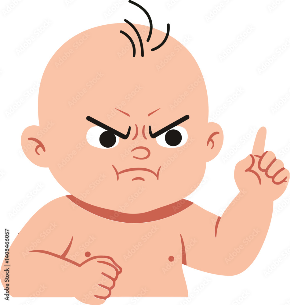 Poster determined baby with an angry expression gesturing with a raised finger in flat vector art style