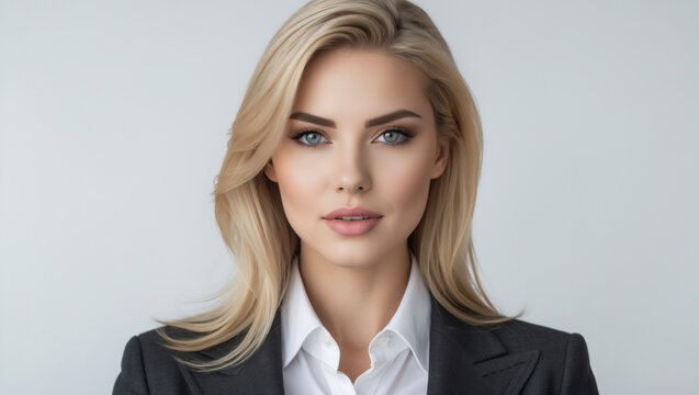  Um retrato em close-up de uma mulher loira sofisticada vestindo um terno e olhando para a c&acirc;mera.