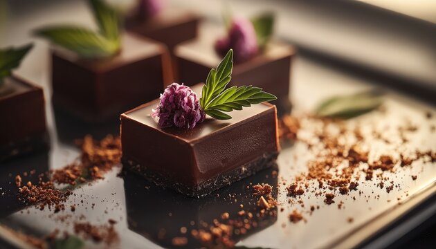 Delicious chocolate desserts adorned with vibrant leaves and herbs showcased at a fall gathering in a cozy setting
