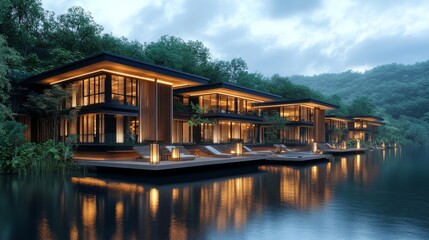 Fototapeta premium Floating luxury hotel on a lake, elegant wood design and lantern lights 