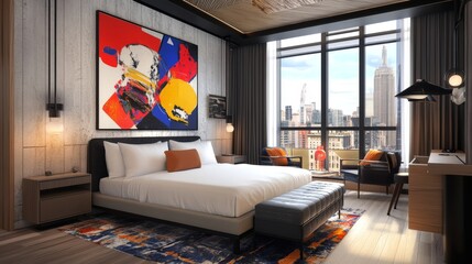 Stylish New York luxury hotel suite with modern art and cityscape view 