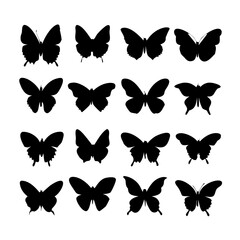 Set of butterflies, ink silhouettes. Glowworms, fireflies and butterflies icons isolated on transparent background. Hand drawn elements, Vector illustration.