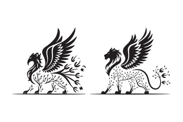 Fantasy Winged Griffin and Lion Silhouette Mythical Beast Vector Art