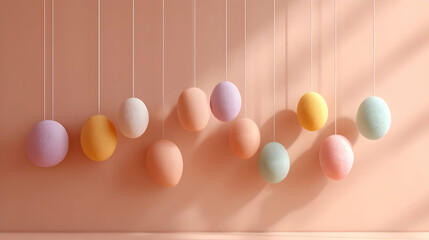 Pastel Easter Eggs Suspended on Strings in a Soft Light, Elegant Arrangement